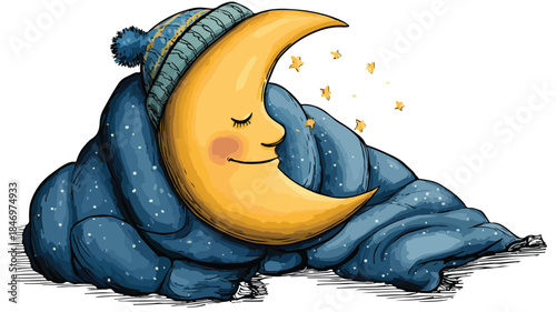 Cute Cartoon Moon Wrapped in Warm Blanket - Vector Illustration