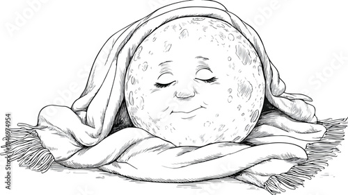 Cozy Cartoon Moon Snuggled Under Blanket in Vector Illustration