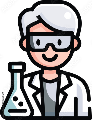 Smiling lab worker wearing goggles holds a flask with liquid inside a lab