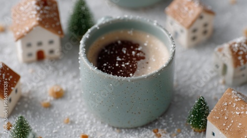 Warm beverage in a speckled mug surrounded by miniature houses and christmas trees, evoking a cozy winter holiday scene with falling snow and a comforting feeling