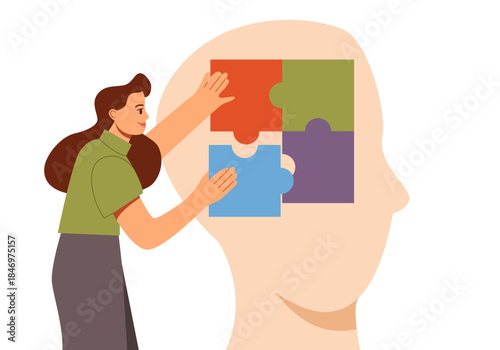 Mental Health Care Concept. Woman arranging jigsaw puzzle in human head. Correction in thinking. Flat vector illustration.