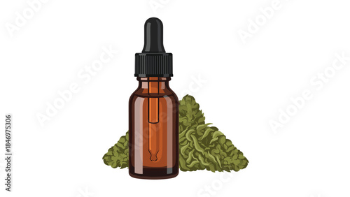 Amber glass dropper bottle of cbd oil sits in front of a pile of green cannabis buds, representing wellness and natural remedies.