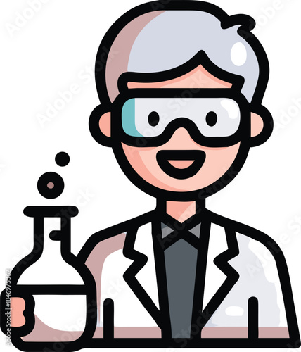 Scientist with safety goggles holds a flask; black bubbles indicate a chemical reaction happens inside