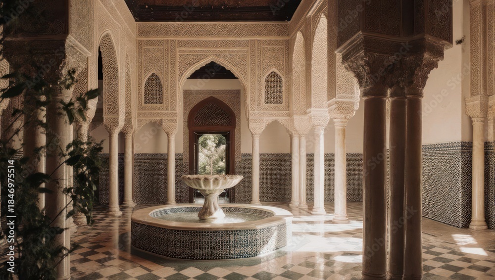 Obraz premium Elegant Moroccan Courtyard with Fountain and Arches.