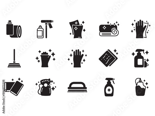 Black and white cleaning icons set for home and office use