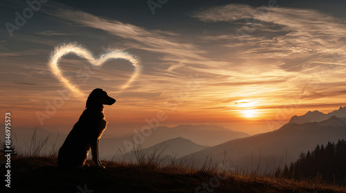 A silhouette of a dog is looking at a beautiful sunset with a heart shaped cloud above