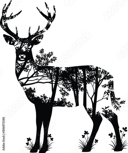 Black silhouette deer filled with forest trees and foliage deer, silhouette, black, forest, trees, foliage, grass, flowers, antlers, wildlife, nature, animal, woods, landscape, scenery, trees inside d