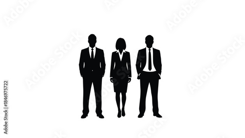 Silhouettes of three business professionals in formal attire stand confidently against a bright white background.
