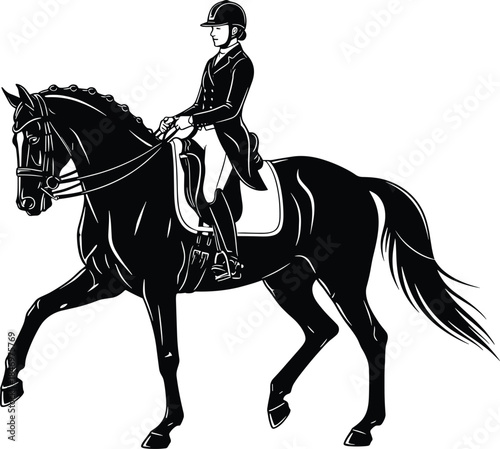 Black silhouette of woman riding horse in dressage position black silhouette, woman, horse, dressage, equestrian, riding, horse riding, black and white, white background, isolated, saddle, bridle, hel
