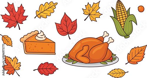 Thanksgiving icons set with turkey, pumpkin pie, corn, and autumn leaves, warm vector design
