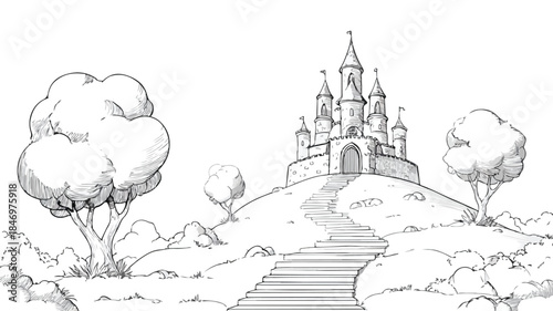 Enchanted Fairytale Castle on a Hill Vector Illustration