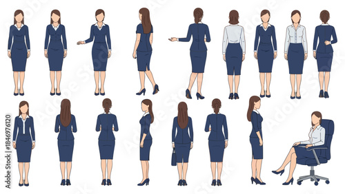 Detailed vector set of a business woman character in various standing, walking, and sitting poses, wearing formal blue office attire, viewed from front, back, and side angles
