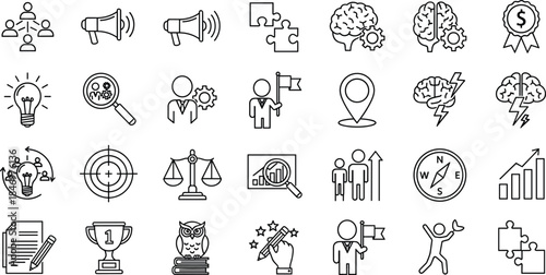 Business leadership and innovation line icon set featuring strategy thinking goals analytics teamwork decision making and professional success symbols vector