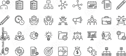Business management and project planning line icons set featuring teamwork, workflow, strategy, scheduling, analytics, organization concepts