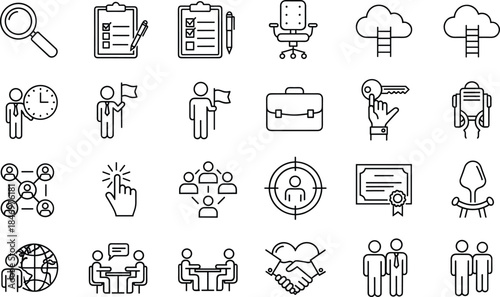 Business Planning, Recruitment, and Career Achievement Line Icons Set: Job Search,