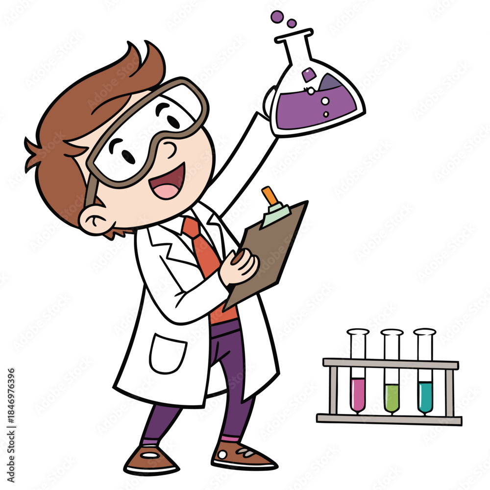 Fototapeta premium Smiling young boy in lab coat examines flask with purple liquid happily