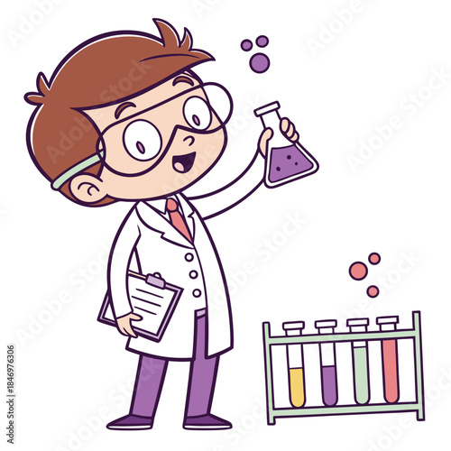 Young Caucasian boy with safety glasses cheerfully examines a bubbling purple liquid in a flask
