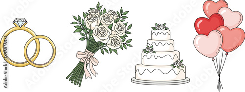 Wedding and engagement icon set with rings, bouquet, cake, and heart balloons, elegant vector style
