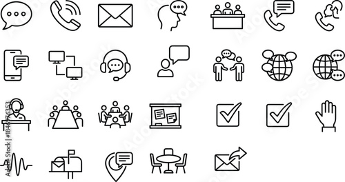 Communication and customer support line icon set featuring calls messages meetings chat email networking and global business symbols vector