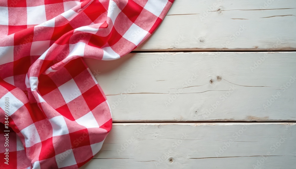 Fototapeta premium Red and white checkered fabric drapes over light wood planks. This classic pattern evokes picnics, kitchens, and rustic dining. Useful for food blogs, summer events, or country decor themes.