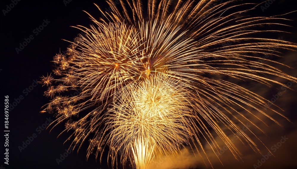 Naklejka premium explosive display of golden fireworks illuminating a night sky with sparkling trails and stunning patterns