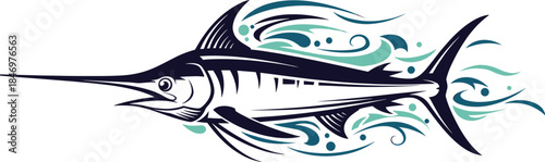 Stylized marlin fish with abstract ocean waves stylized abstract ocean waves marlin fish, stylized abstract ocean waves, blue and green swirls, aquatic fish swimming, wave patterns, marine life, ocean
