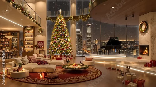 Luxury penthouse interior with Grand Piano and Christmas tree. Modern living room design with fireplace, gifts, and snowy city skyline night view.