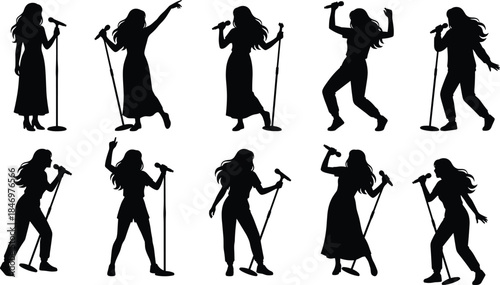Female singer silhouette icon set featuring energetic singing poses with microphone stage performance music concert and entertainment vector collection