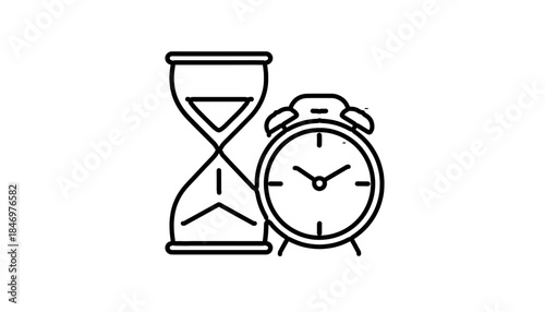 Minimalist black outline illustration featuring a sandglass and a classic twin bell alarm clock side by side