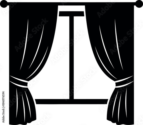 Black silhouette of curtains tied back on a window