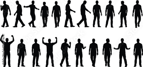 Male human silhouette pose collection featuring walking standing gesturing and expressive body language figures for people motion design vector