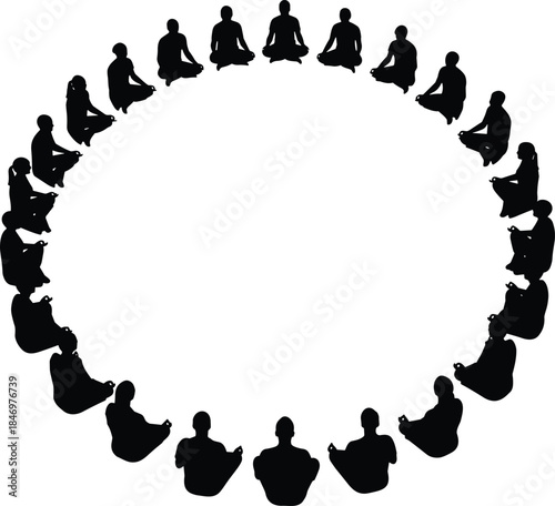 Meditation and mindfulness silhouette circle featuring seated people in lotus pose group relaxation yoga practice and spiritual harmony concept vector