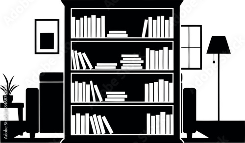 Silhouette of a cozy home library with bookshelf and furniture