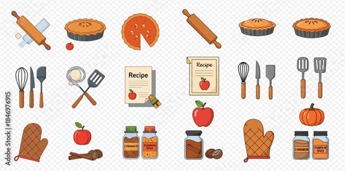 Collection of baking tools, ingredients, and delicious pies for cooking and dessert preparation.