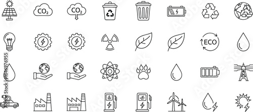 Renewable energy and environmental sustainability line icons set featuring eco symbols, recycling, clean power, green technology concepts