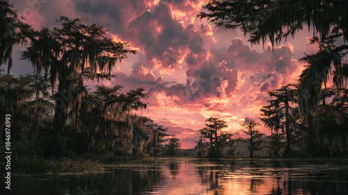 Ultra HD Dramatic sunset over louisiana swamp with cypress trees and spanish moss reflected in water video