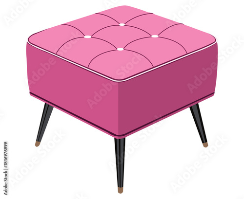 A vibrant pink ottoman with button tufting and elegant tapered legs