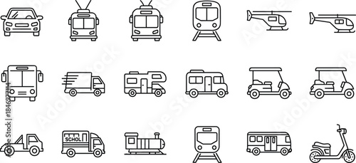 Transportation and vehicle line icons set featuring cars, buses, trains, trucks, helicopters, scooters, public transit and modern mobility symbols