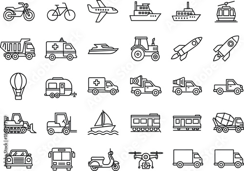 Transportation and vehicle line icon set featuring land air and sea transport logistics emergency travel and delivery mobility symbols vector