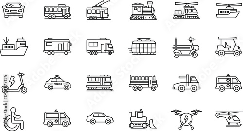 Transportation and public service line icon set featuring vehicles transit emergency delivery mobility and urban travel symbols outline vector