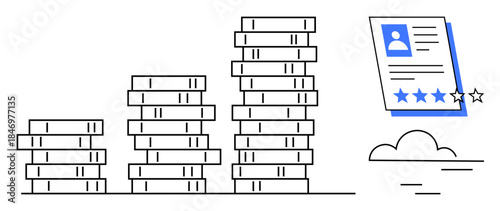 Stacked coins increasing in height, profile rating card with 4-star review, small cloud. Ideal for profit, investment, growth, rating system, finance, career progress minimal flat metaphor
