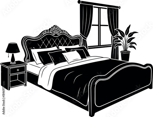 A black and white silhouette of a bedroom with a large bed and nightstand silhouette