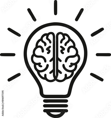 The lightbulb's open shape clearly displays a detailed human brain with emanating rays, conveying intellect