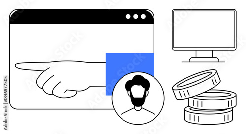 Technology, finance, UX design, online payment platforms, internet services, creative solutions. A pointing hand within a browser, coins monitor and person icon. Technology and finance illustrated