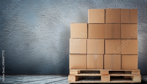 pile of plain cardboard boxes stacked on a wooden pallet against a gray concrete wall