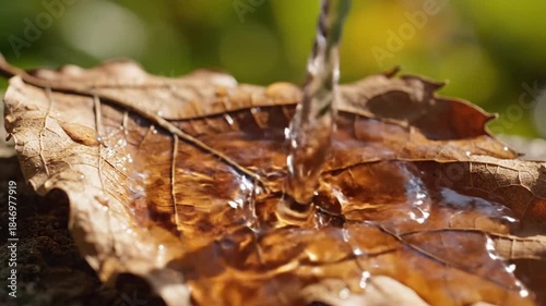 Close Up Macro Shot of Clear Water Droplet Falling Onto a Dry Brown Autumn Leaf with Veins Visible Showing Reflected Greenery in Soft Sunlight Outdoors