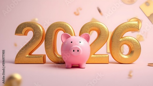 Gold 2026 numbers with pink piggy bank, financial savings concept for new year