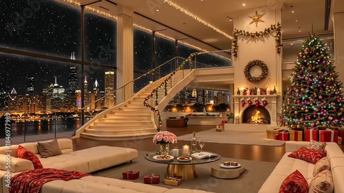 Modern penthouse interior with Christmas tree and grand staircase. Luxury home decoration with fireplace, gifts, and snowy city skyline night view.