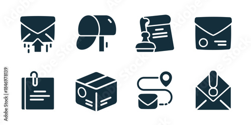 Postal service excellent icon collection. Set of incoming mail, mailbox, certified letter, sealed envelope, document attachment, parcel box, delivery route, urgent mail icons