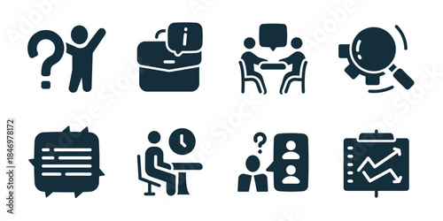 Consulting excellent icon collection. Set of client messaging, expert discussion, phone info, training document, feedback chat, professional support, meeting table, analysis icons